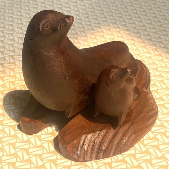 Vintage Sculpture Mid Century Wood Seal Sea Lion Marine Animals Statue Figurine - Picture 5 of 6